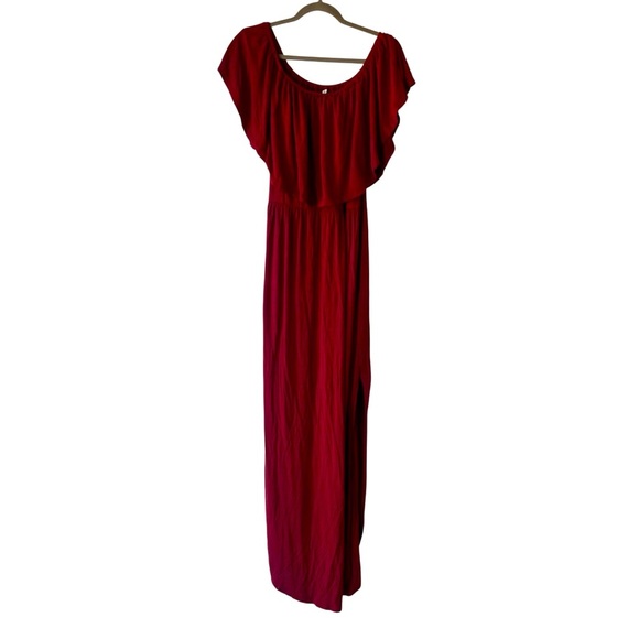 Burgundy Maxi Dress Women’s Size Large L Off Shoulder Flutter Sleeve Slit Gown - Picture 1 of 7